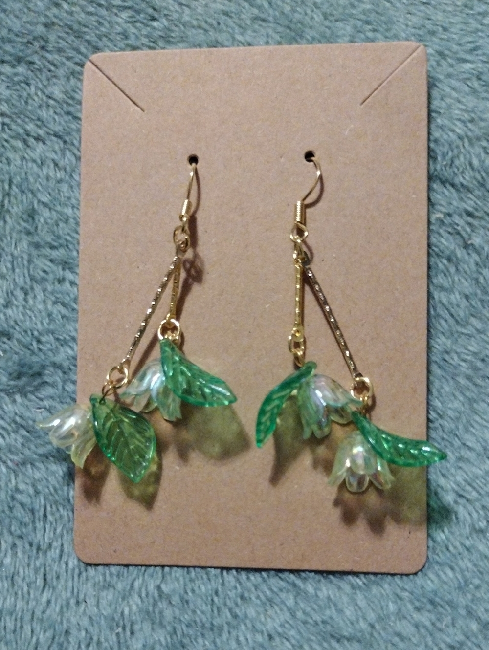 Gold-Tone Green Leaf & White Flower Drop Earrings